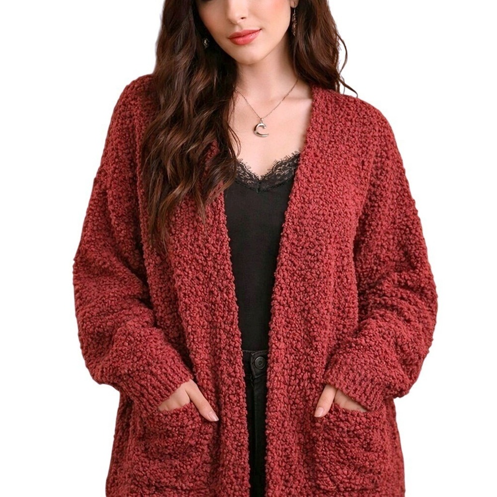 Zesica Large Red Popcorn Knit Cardigan Oversized Open‎ Front Cozy Boho